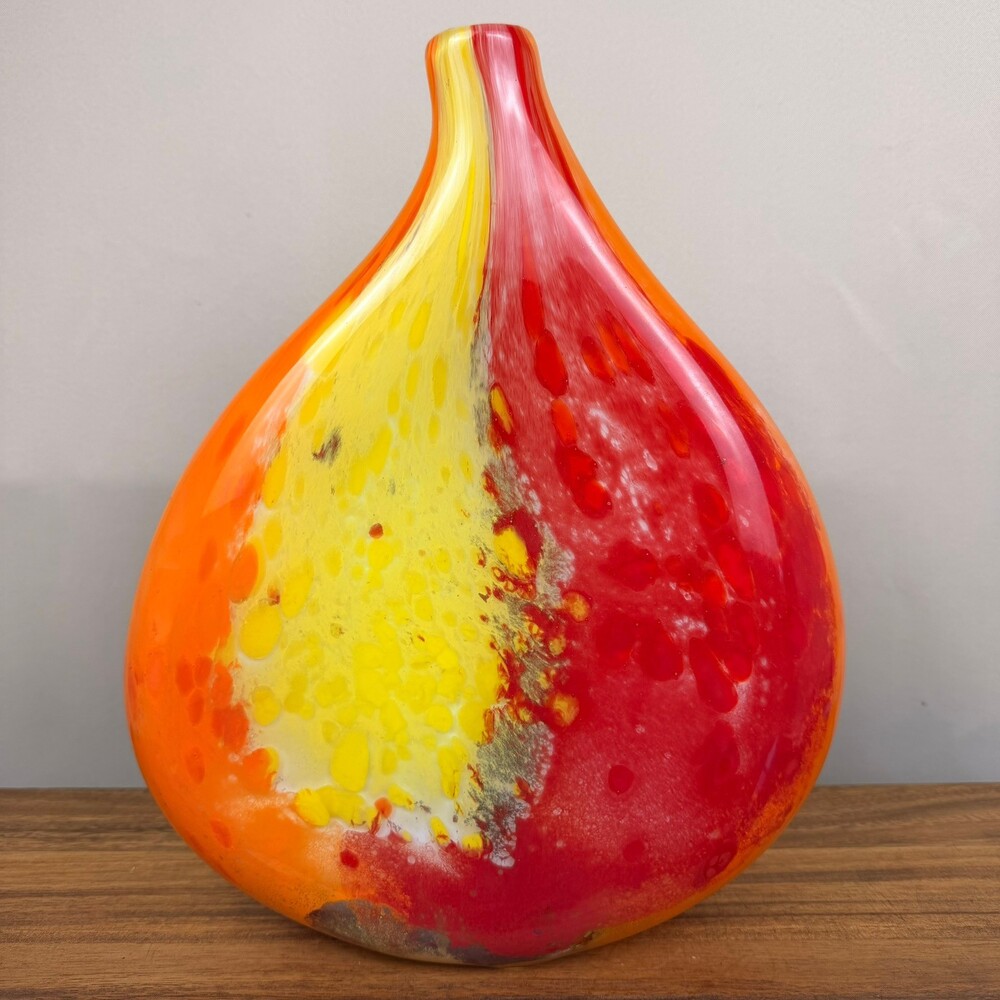 Art Glass Teardrop Vase Red Orange Yellow Hand Blown 12.5"